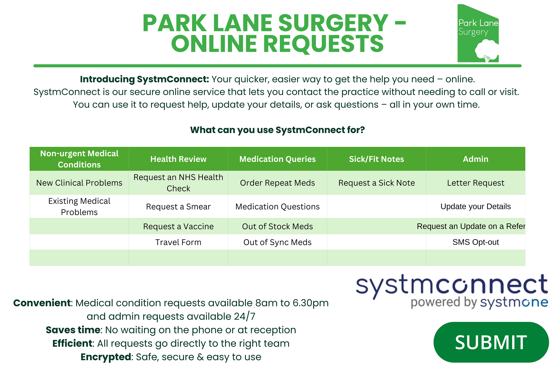 SystmConnect - Online requests at Park Lane Surgery, Stillington
